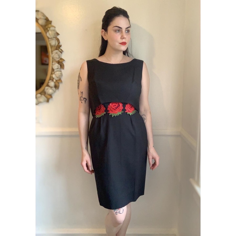 Vintage 1950’s black cocktail dress with red rose appliqué!